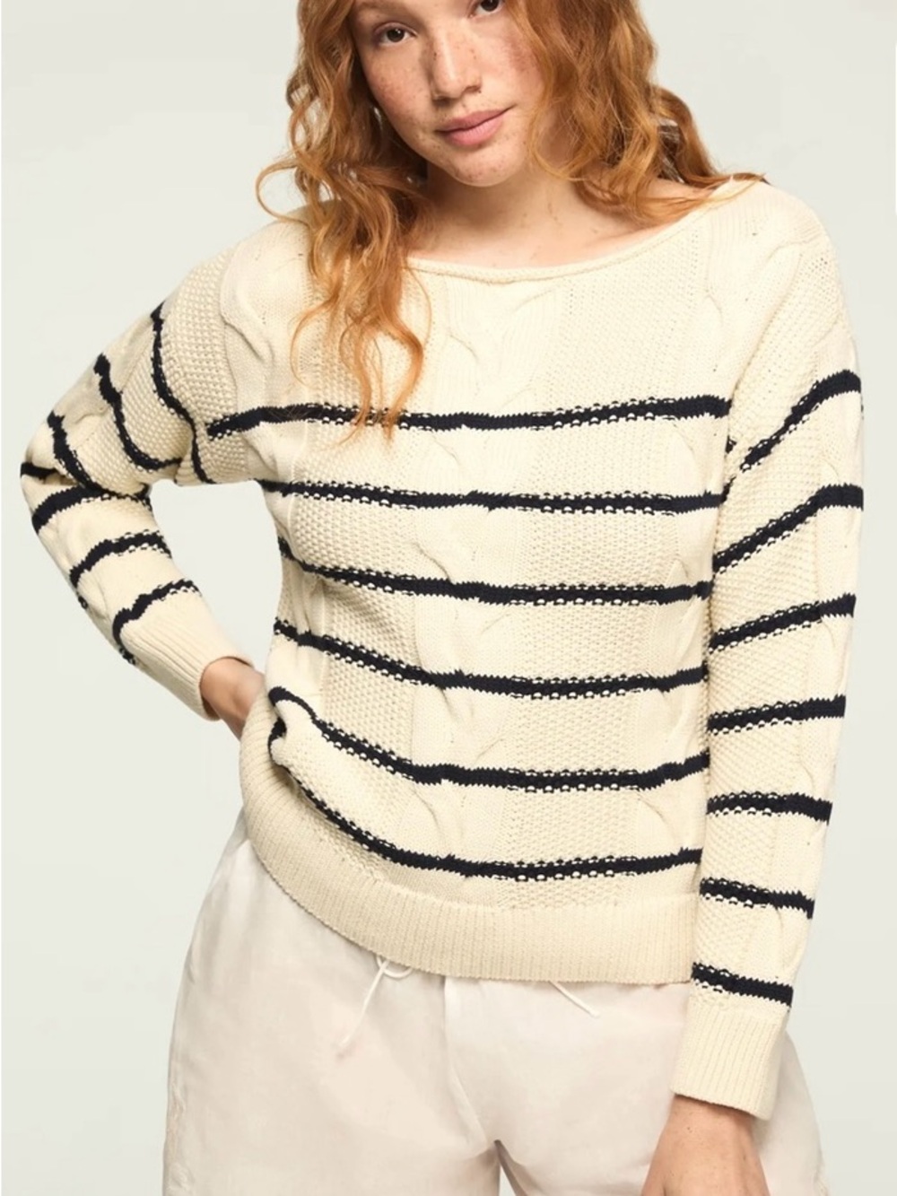 Lucky Brand Striped Cable Crew Neck Sweater